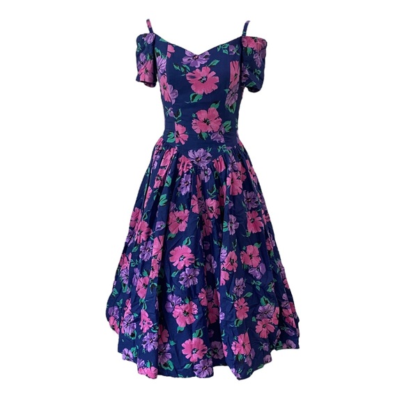 Jodi Schwartz For Bill Berman California RETRO Vintage Midi Tea Dress 80s 7/8 SM - Picture 1 of 15